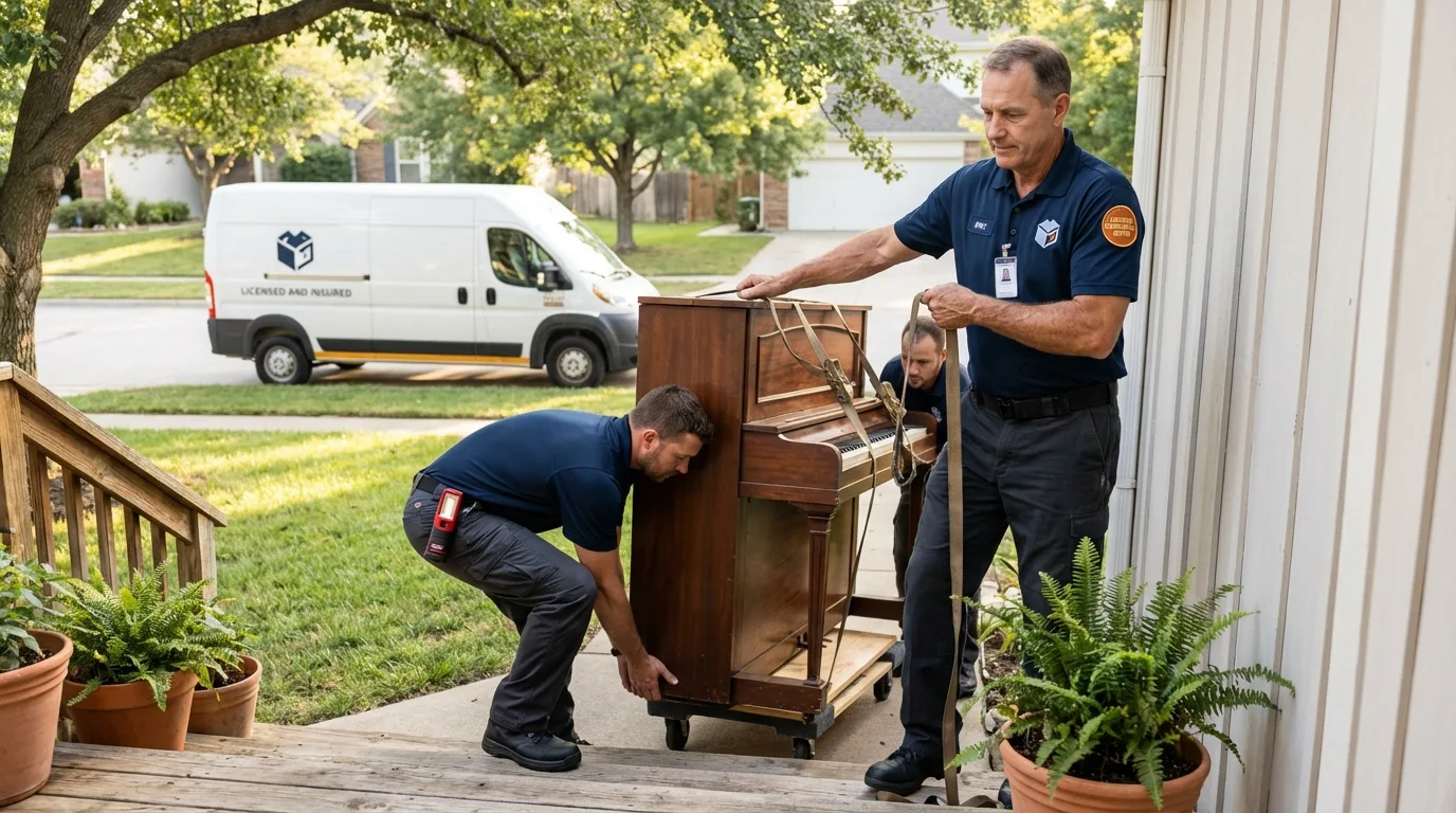 Licensed piano movers securing grand piano in Harrington, DE