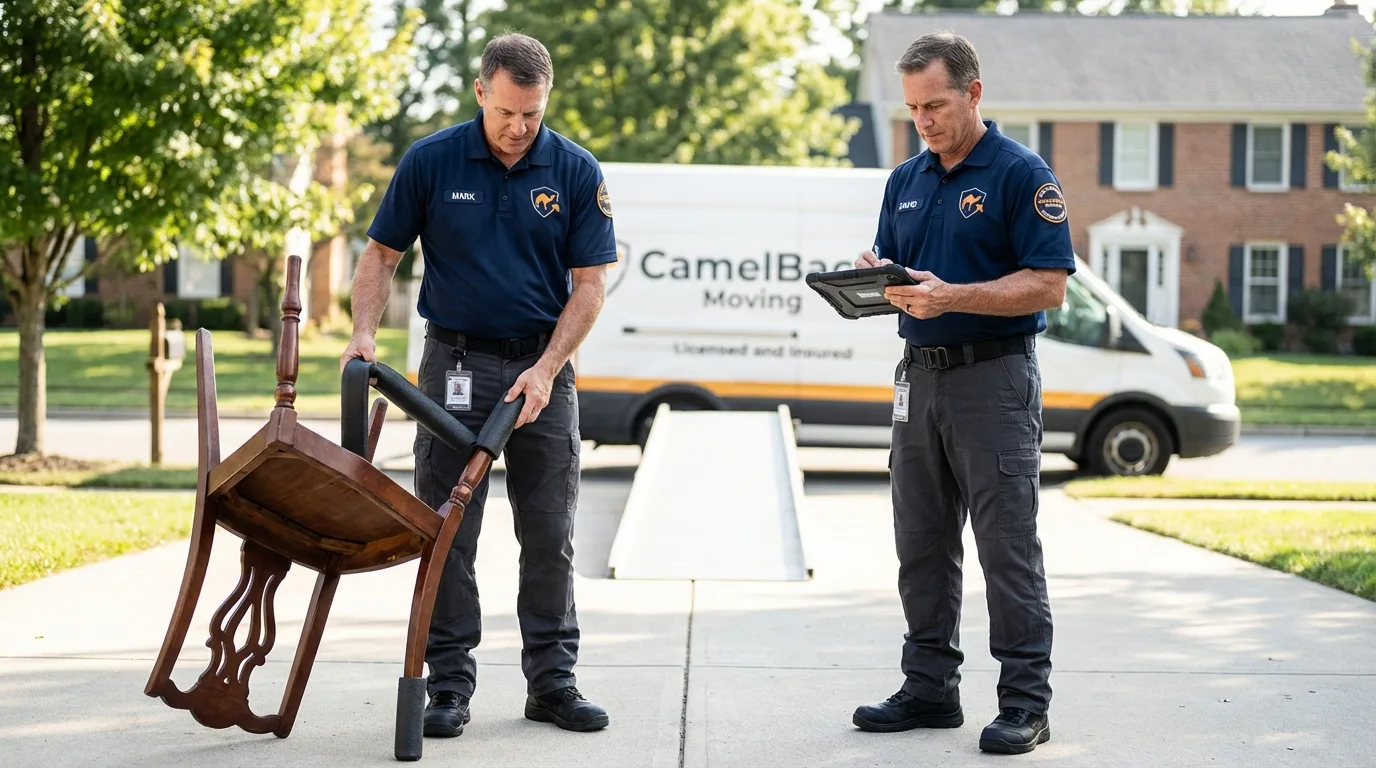 Movers inspecting furniture for damage prevention before loading in Harrington, DE