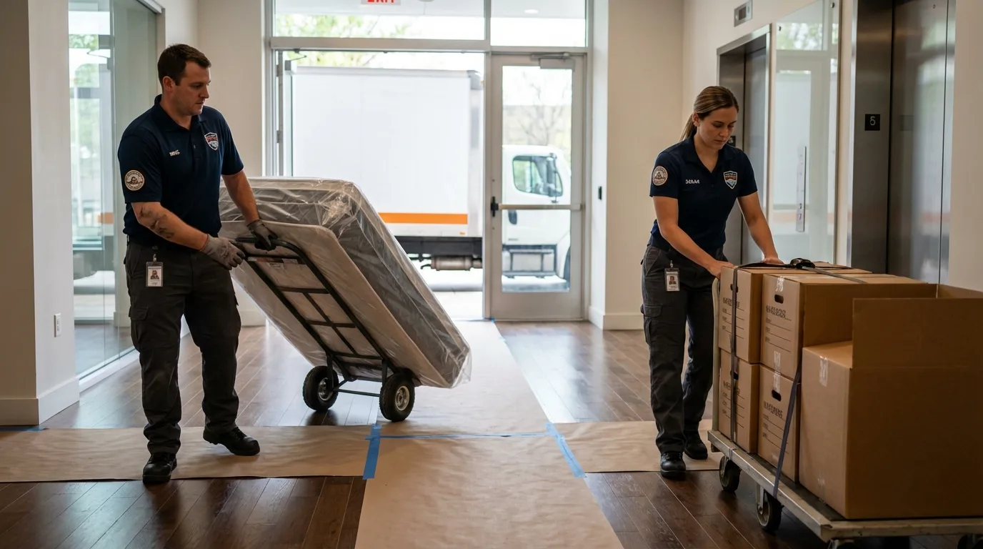 Professional apartment movers loading elevator in Harrington, DE