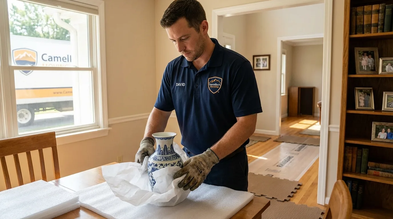 Professional crew carefully wrapping antique vase for senior downsizing move in Harrington, DE